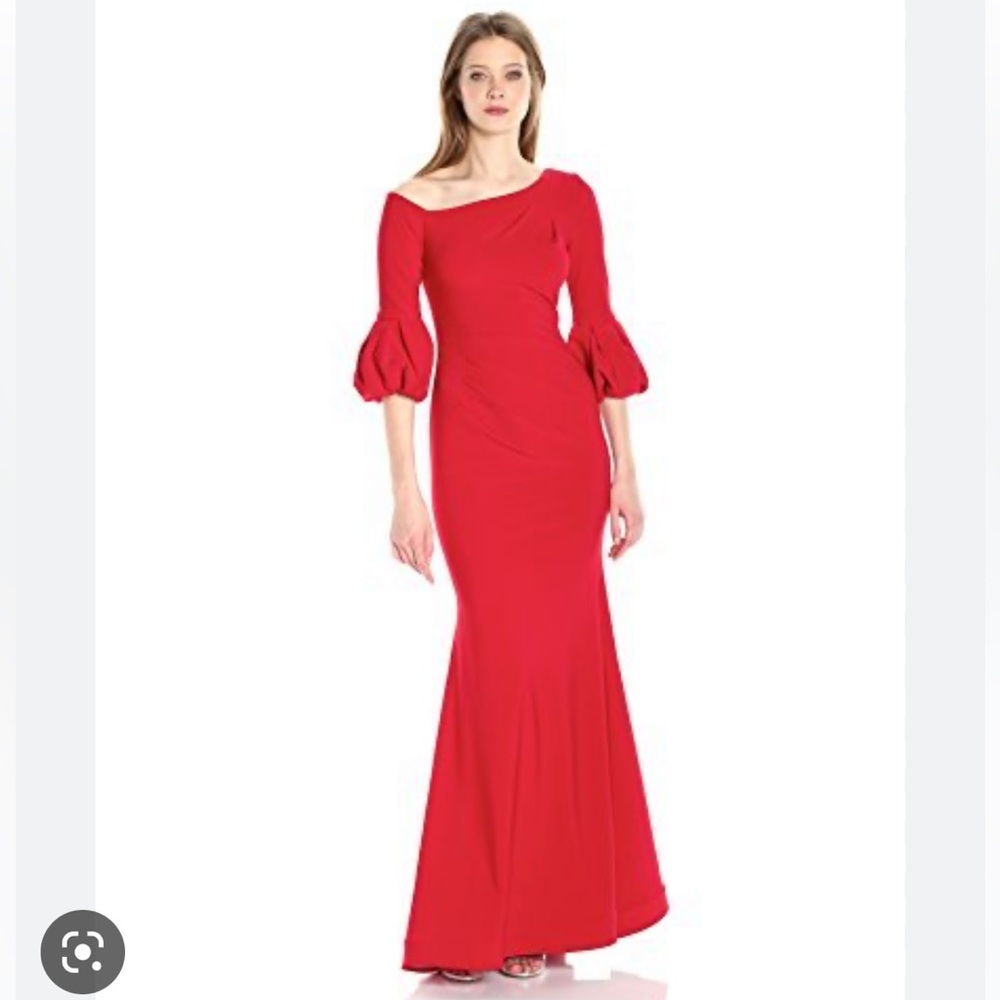 Betsy & Adam Red Off-Shoulder Puff Sleeve Maxi Dress